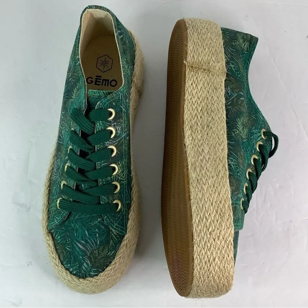 GEMO Round Toe Lace Tie Platform  Green/Leafs Print Espadrilles Sz 38/US 7.5